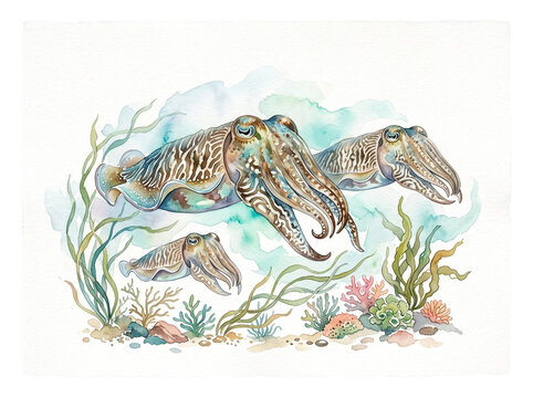 Detailed watercolor illustration of three majestic cuttlefish swimming gracefully through vibrant seaweed and colorful coral reefs while maintaining a soft artistic style presented as a high quality c