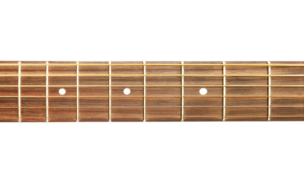 Close-up acoustic guitar fretboard isolated on white