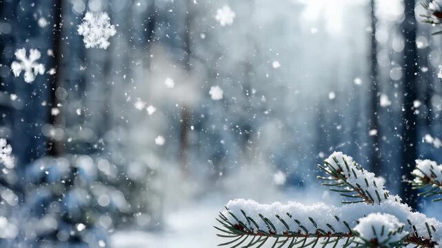 Large detailed snowflake falling in a misty pine forest with soft bokeh background
