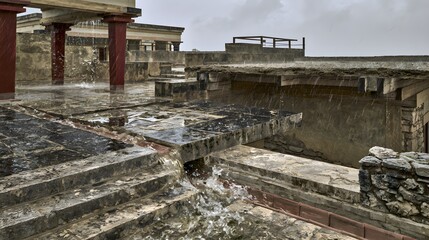 Fototapeta premium Ancient Knossos Palace Endures a Stormy Bronze Age Rainscape of Minoan Engineering