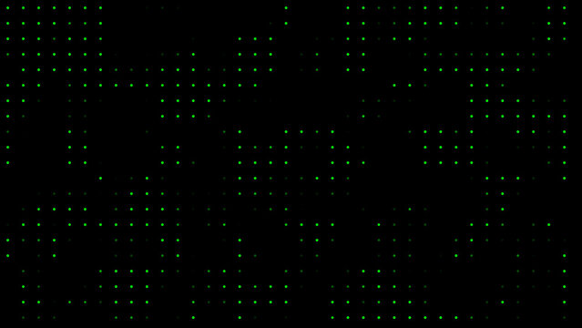 A dense pattern of small, bright green dots randomly scattered across a pure black background, creating a digital matrix effect or a starry night sky simulation