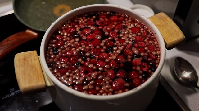 Wild strawberries and blackcurrants boiling in white ceramic pot on stove, homemade compote or jam cooking concept