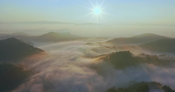 Breathtaking sunrise over mist-covered mountains, where golden sun rays stream through layers of fog and illuminate rolling green hills.