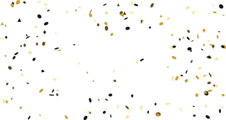 Obraz premium Gold and black confetti scattered against a clean white background during a celebration with dynamic motion