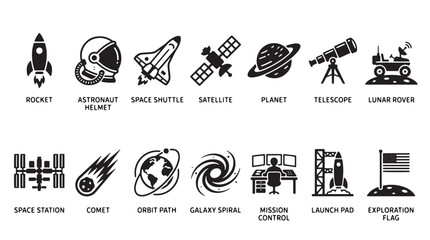 Space icons, astronomy symbols, rocket and planet graphics, space exploration illustrations © Anika