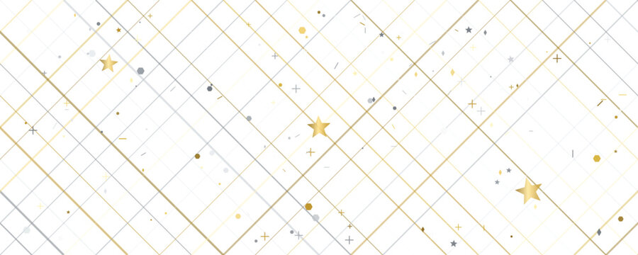 Golden abstract geometric pattern with stars and confetti on white background subtle elegance for celebration and design