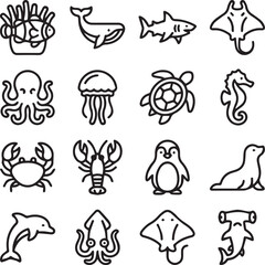Obraz premium Set of sea animal line icons featuring whale shark octopus and turtle for marine biology and ocean life graphic design projects