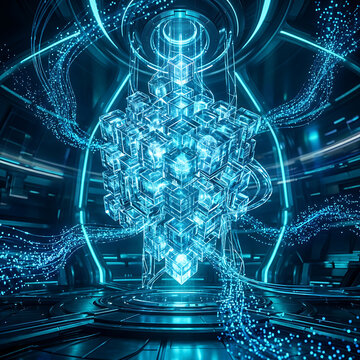 Quantum computing concept with glowing blue data cubes connected by light streams in futuristic digital environment advanced AI technology and big data processing network.