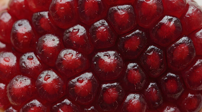 Detailed macro cross-section of fresh opened pomegranate fruit with red seeds