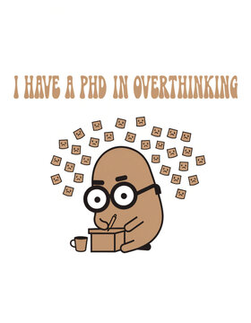 Overthinking man with thought bubbles and academic stress. Cartoon character struggling with excessive analysis and decision fatigue.