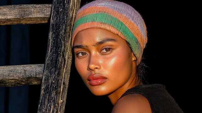 A young woman wearing a colorful beanie and posing against a wooden structure