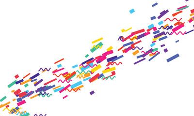 Fototapeta premium Colorful confetti streamers and zigzags scattered across a clean white background during a celebration