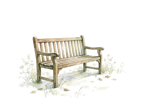 Rustic wooden bench featuring detailed craftsmanship with natural brown tones and soft artistic watercolor textures isolated in a beautiful peaceful garden setting for outdoor relaxation displayed dir