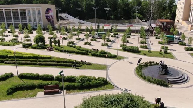 Drone ascending over Korolev central plaza