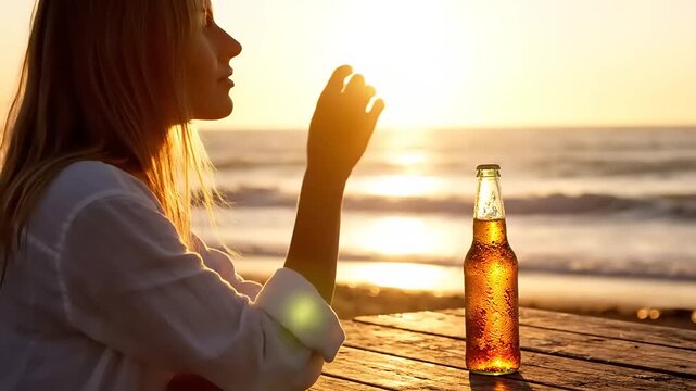 Woman relaxing with a cold beer.
