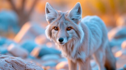 Fototapeta premium Beautiful Arctic fox standing among pale rocks with soft golden light, featuring thick winter fur, alert eyes, and a pristine northern wilderness setting.