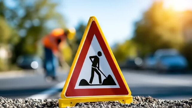 Roadwork ahead warning sign on ground.