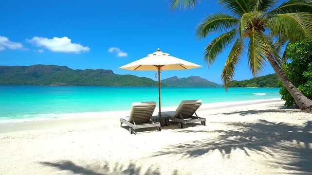 Serene beach scene with palm tree and lounge chairs.