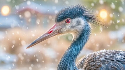 Fototapeta premium Close-up portrait of a crane covered with delicate snowflakes, highlighting striking red eyes, textured feathers, and dramatic winter wildlife beauty.