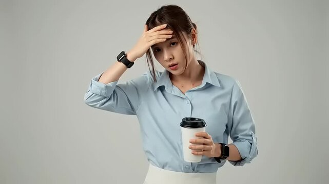 Young woman with stressed expression holding coffee.