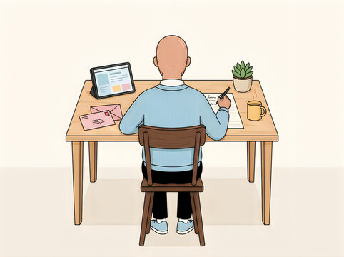 Senior man writing letter at desk with tablet and coffee illustration