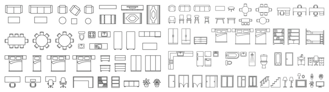 Top and Side View Architectural Interior Furniture CAD Floor Plan Black Vector Outline Set