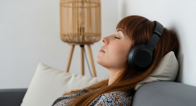 Peaceful Young Woman with Red Hair Relaxing on Couch and Listening to Music with Black Headphones