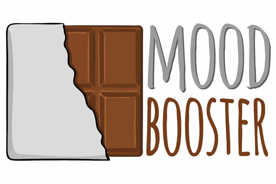 Chocolate bar with mood booster text on white background illustration