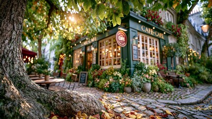 Fototapeta premium Charming European cafe surrounded by flowers and trees on a cobblestone street in warm golden afternoon sunlight.