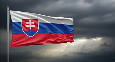 Fototapeta premium Slovakian national flag waving under dark storm clouds.