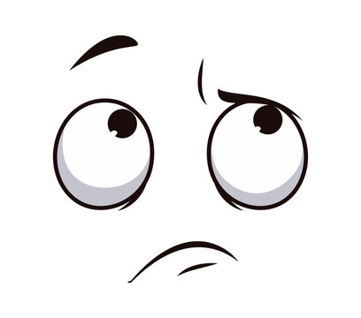 Offended poor cartoon face expression with unhappy emotion, cartoon emoji or emoticon character. Cheerless cartoon face upset and looking up with disappointed or resentment and aggrieved expression