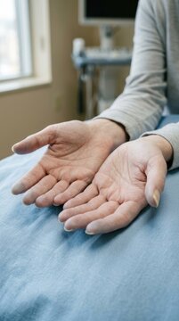 Palms of a person displaying severe pallor, indicating iron deficiency anemia, a serious blood disorder diagnosis performed in a hospital setting