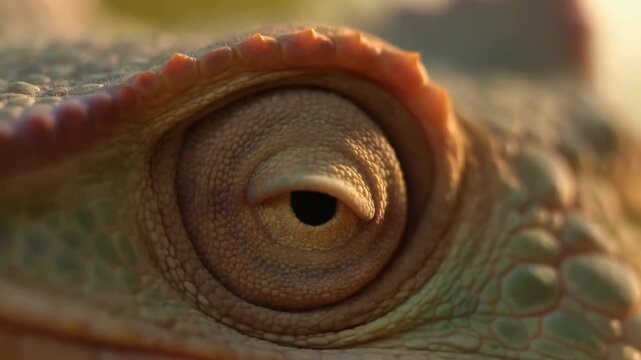 Macro close-up of reptile eye showing subtle pupil aperture change in warm directional light