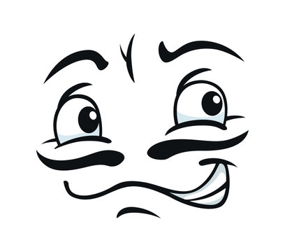 Cartoon face with mustaches and angry emotion expression for emoji with sulky look. Comic cartoon face or emoticon smile with mustaches and displeased or suspicious or gloomy expression of distrust