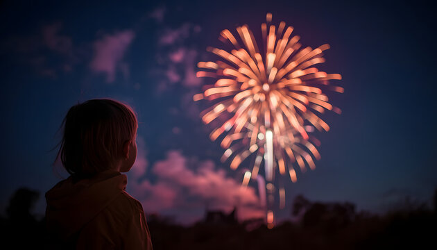 Silhouette of child watching colorful fireworks at night