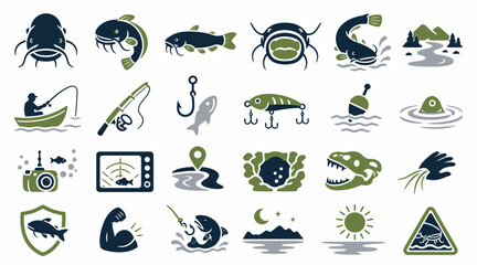 Colorful fishing and aquatic life icon set illustration. © Ako