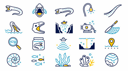 Colorful Flat Design Marine Life and Oceanography Icons. © Ako