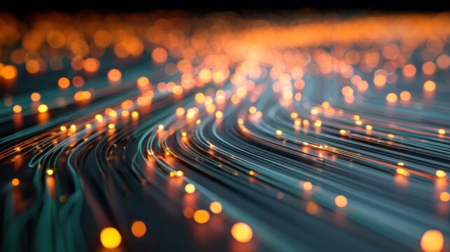 Abstract orange fiber optic data stream lines.