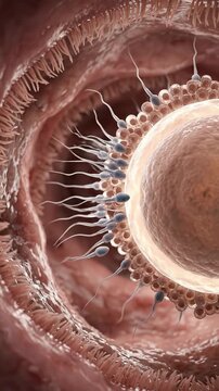 Biological inception event: human reproduce, journey begin, realistic internal, view cell, sperm navigate, fertilize process, early embryo, develop life, female body, system genesis.