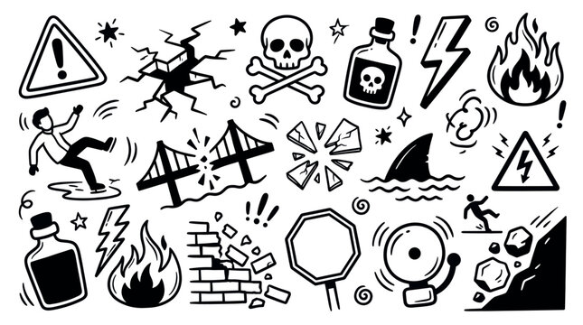 Various hand-drawn doodle icons representing danger and warning signs, including skulls, fire, falling people, and broken objects, on a clean white background