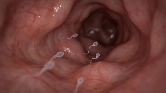 Microscopic life initiation: human reproduction, sperm navigate, fertilization process, embryonic develop, female system, internal view.