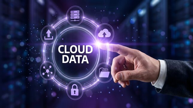 Hand touching cloud data hologram. Digital interface showing secure server network.