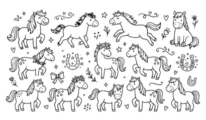 Obraz premium Retro horse doodle sticker vector collection