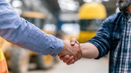 Fototapeta premium Close-up of a business handshake in an industrial facility, symbolizing partnership, trust, collaboration, contract agreement, teamwork, and professional success.