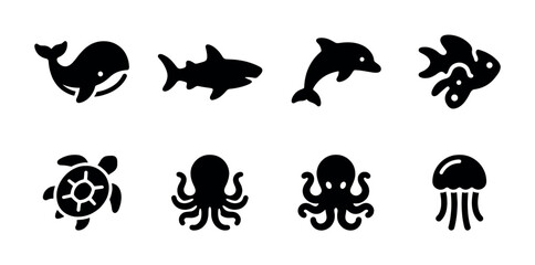 Obraz premium Eight simple black graphic icons representing various sea creatures are neatly arranged on a clean white background