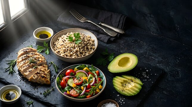 Healthy Lunch Box Components with Grilled Chicken and Rice
