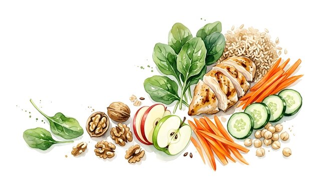 Healthy Lunch Box Components for Balanced Diet Watercolor Art
