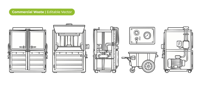 Commercial waste baler machine vector set showing industrial trash compactor equipment, recycling utility cart, control panel, and mechanical components in minimalist line art style for engineering.