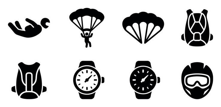 Collection of black silhouette icons depicting skydiving equipment and activities on a clean white background