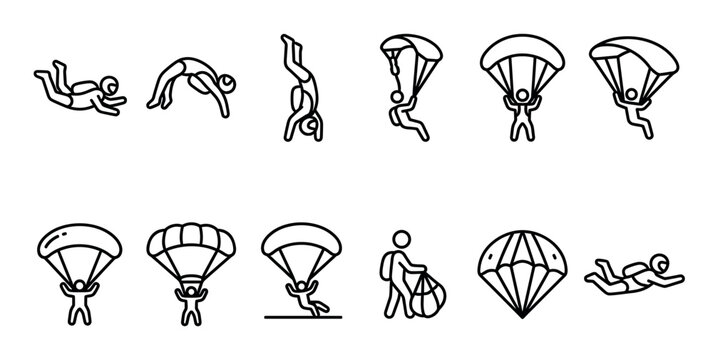 Collection of black outline icons depicting various skydiving and parachute-related activities on a clean white background